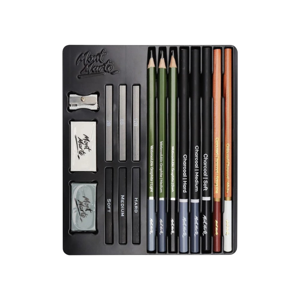 Mont Marte Sketch and Draw Collection Set of 17 - Tin Pack - Open View