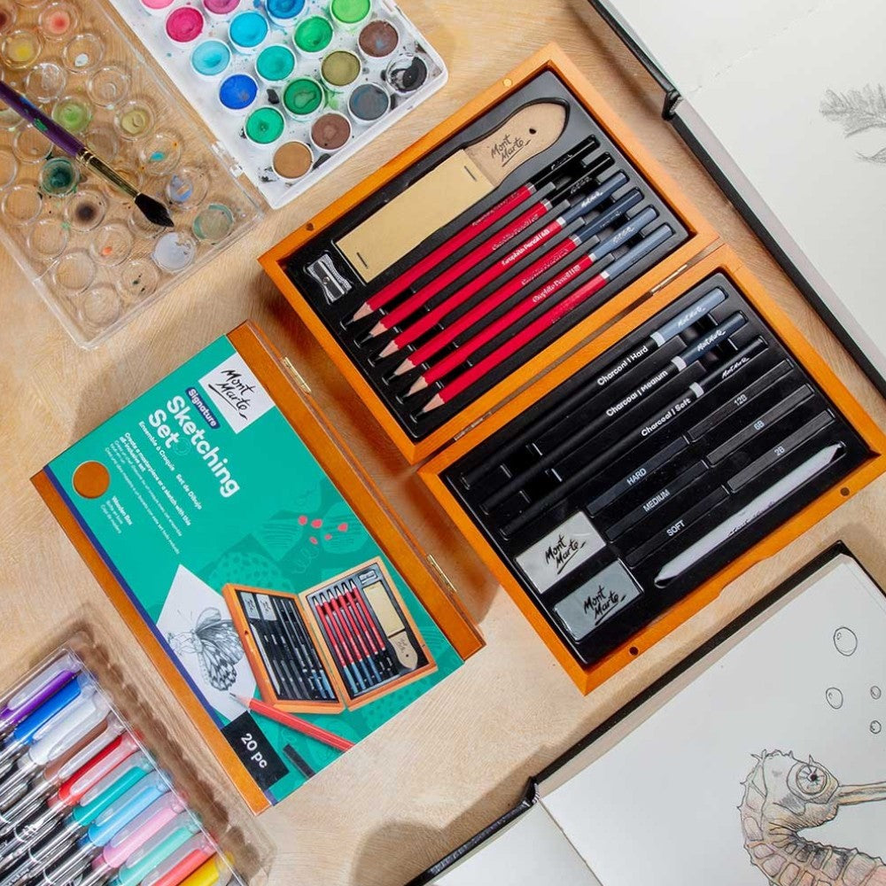 Mont Marte Sketching Set of 20 - Wooden Box - Contents Display