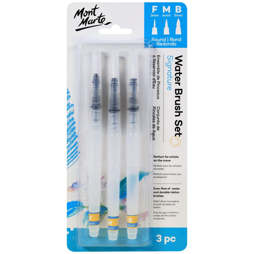 Mont Marte Signature Water Brush Set of 3 – includes flat and round brush tips for watercolor painting, calligraphy, and mixed media art.