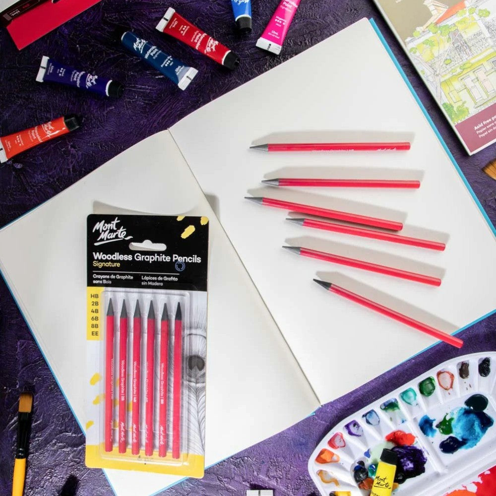 Flatlay of Mont Marte 6pc Woodless Graphite Pencil Set