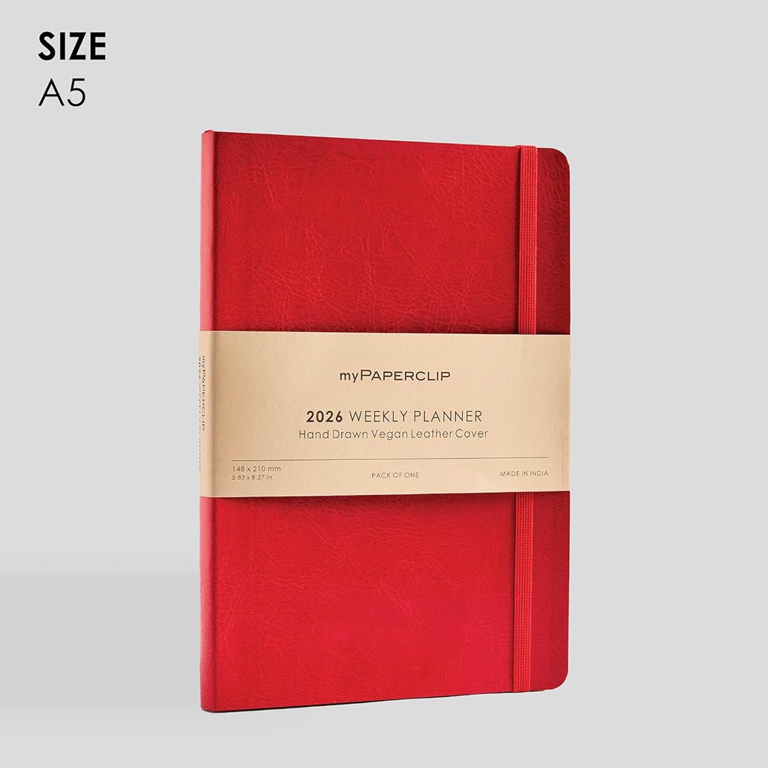 myPAPERCLIP 2026 Weekly Planner | A5 Size | Italian Vegan Leather Cover | 192 Pages, 80 GSM | Red - penpencilink