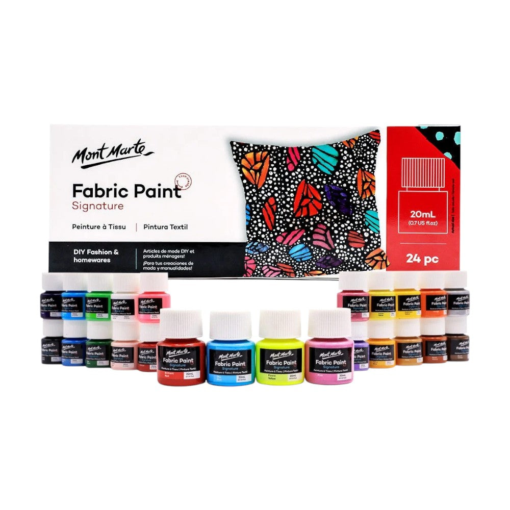 Mont Marte Fabric Paint Set (24x20ml) open view showcasing a variety of mixable and permanent fabric paints.