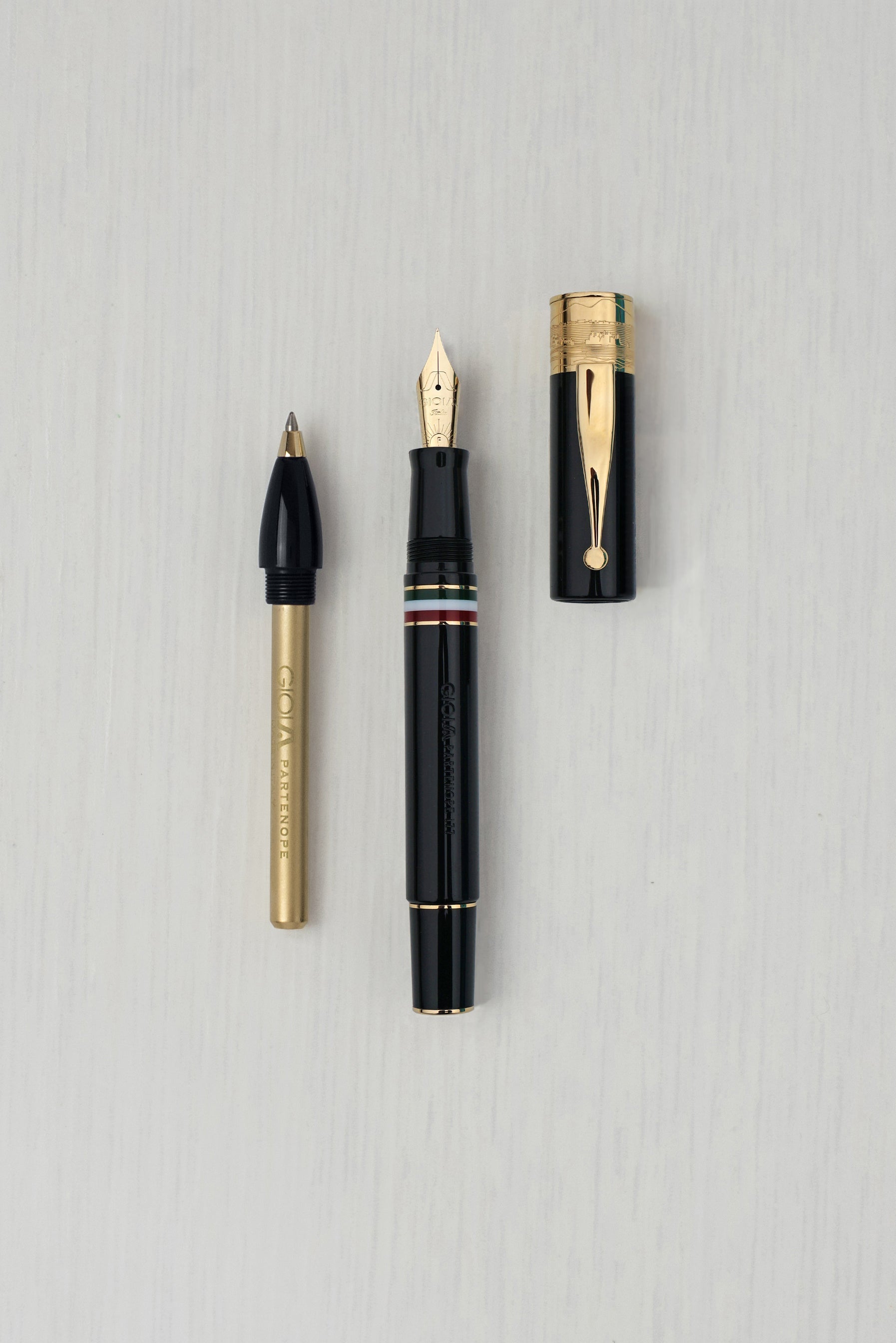 Gioia | Fountain Pen & Rollerball Pen | Partenope | Black | Gold Trims Gioia