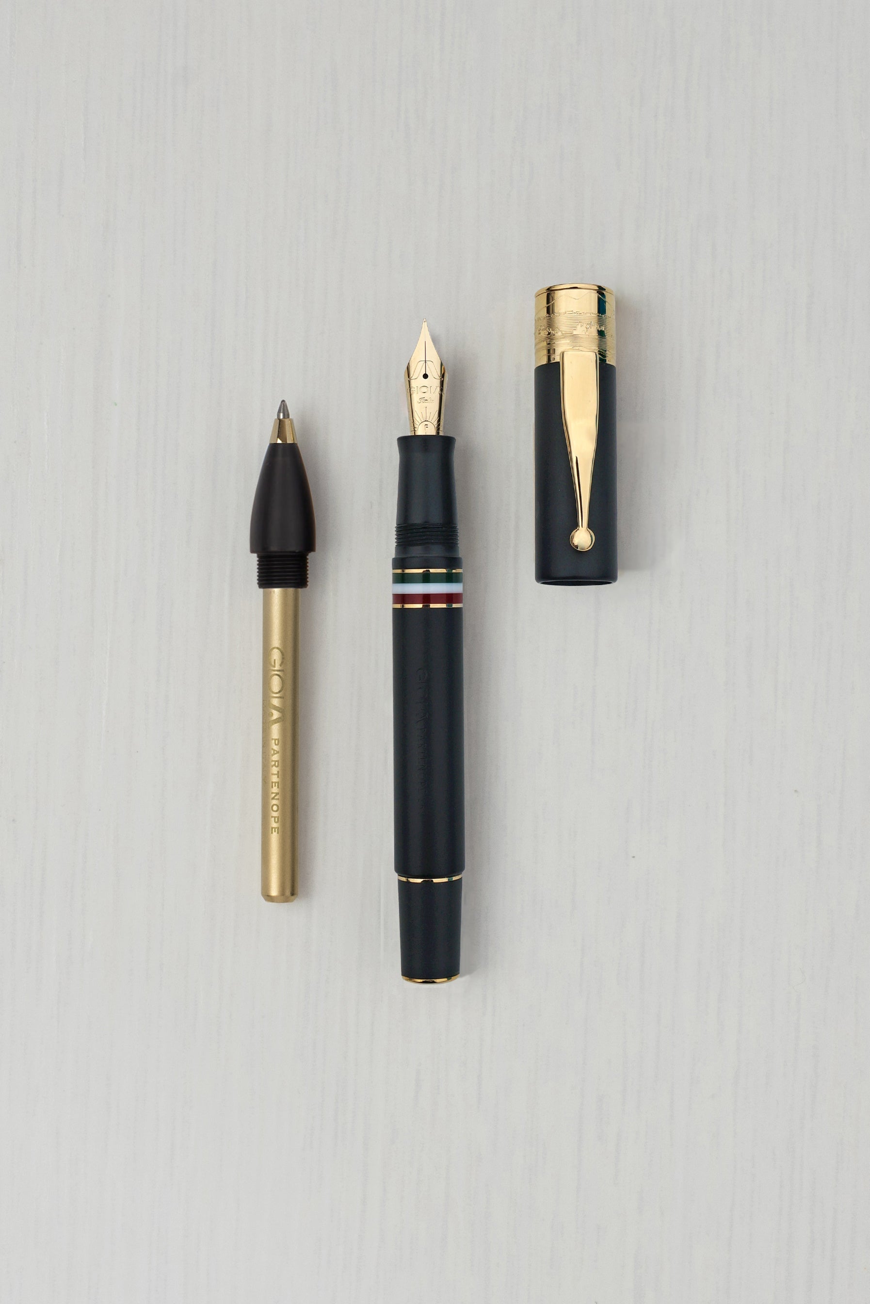 Gioia | Fountain Pen & Rollerball Pen | Partenope | Black Sand | Gold Trims Gioia