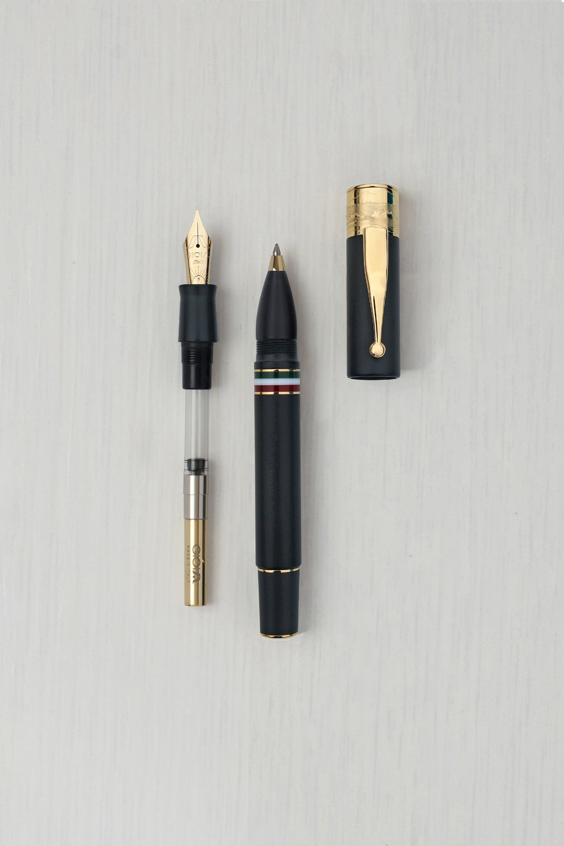 Gioia | Fountain Pen & Rollerball Pen | Partenope | Black Sand | Gold Trims Gioia