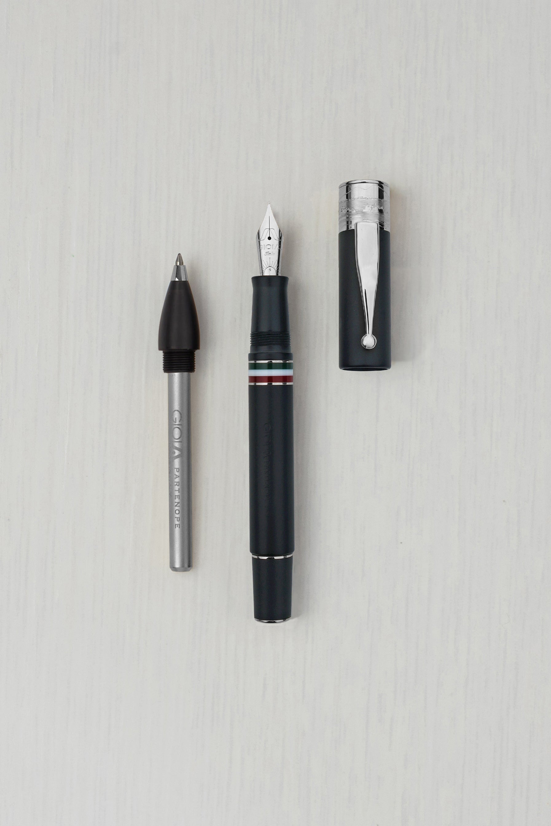 Gioia | Fountain Pen & Rollerball Pen | Partenope | Black Sand | Silver Trims Gioia