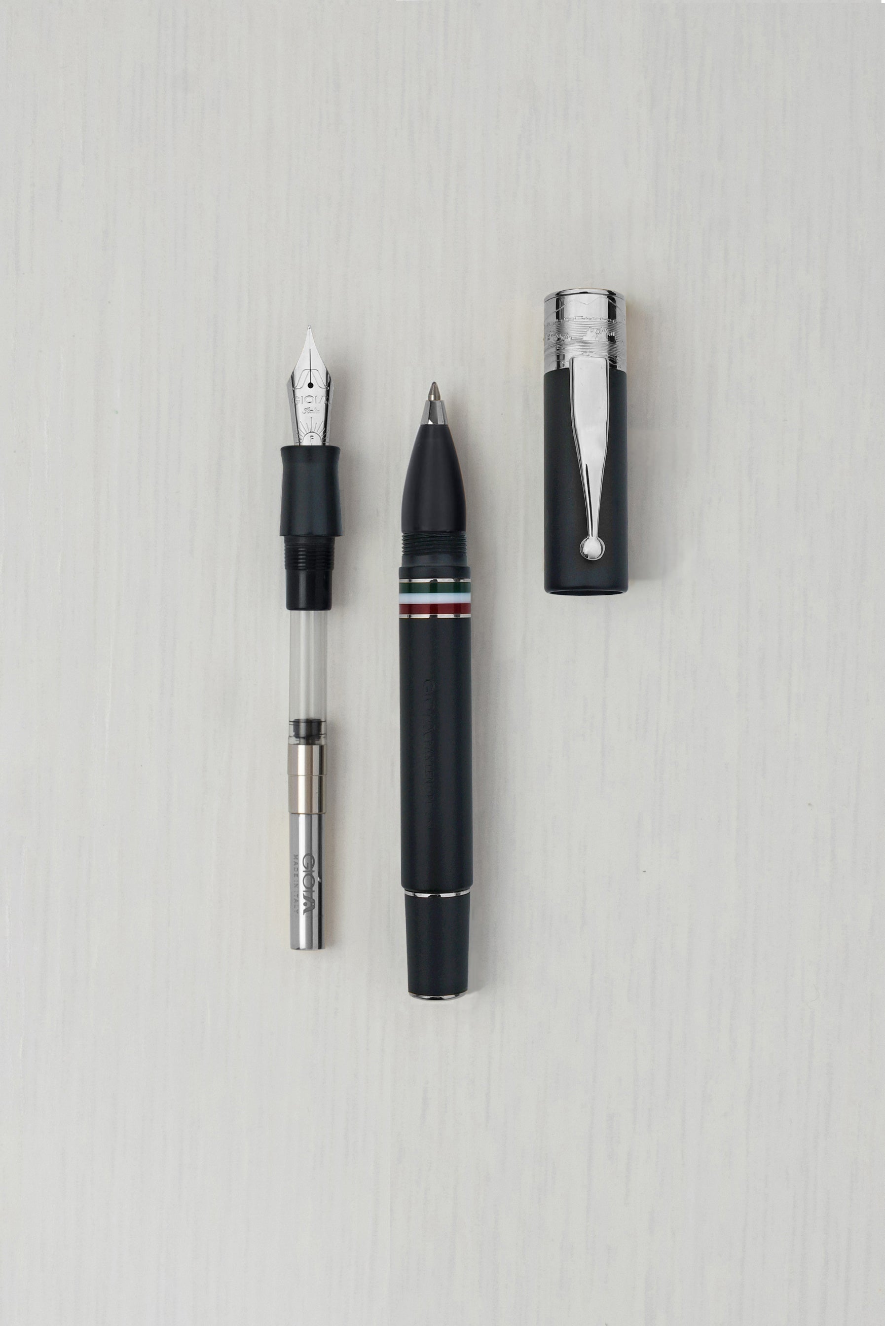 Gioia | Fountain Pen & Rollerball Pen | Partenope | Black Sand | Silver Trims Gioia