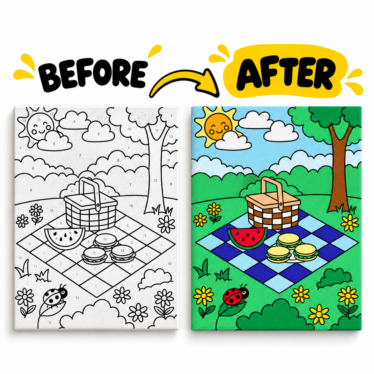 Paint by Numbers Canvas Kit for Kids 9x12 Inch - picnic kit 9x12 before after