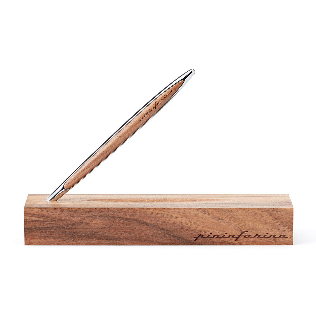 Pininfarina | Cambiano Classic Ink | Ballpoint Pen | Polished Chrome |  Solid Wood Desk Stand Pininfarina