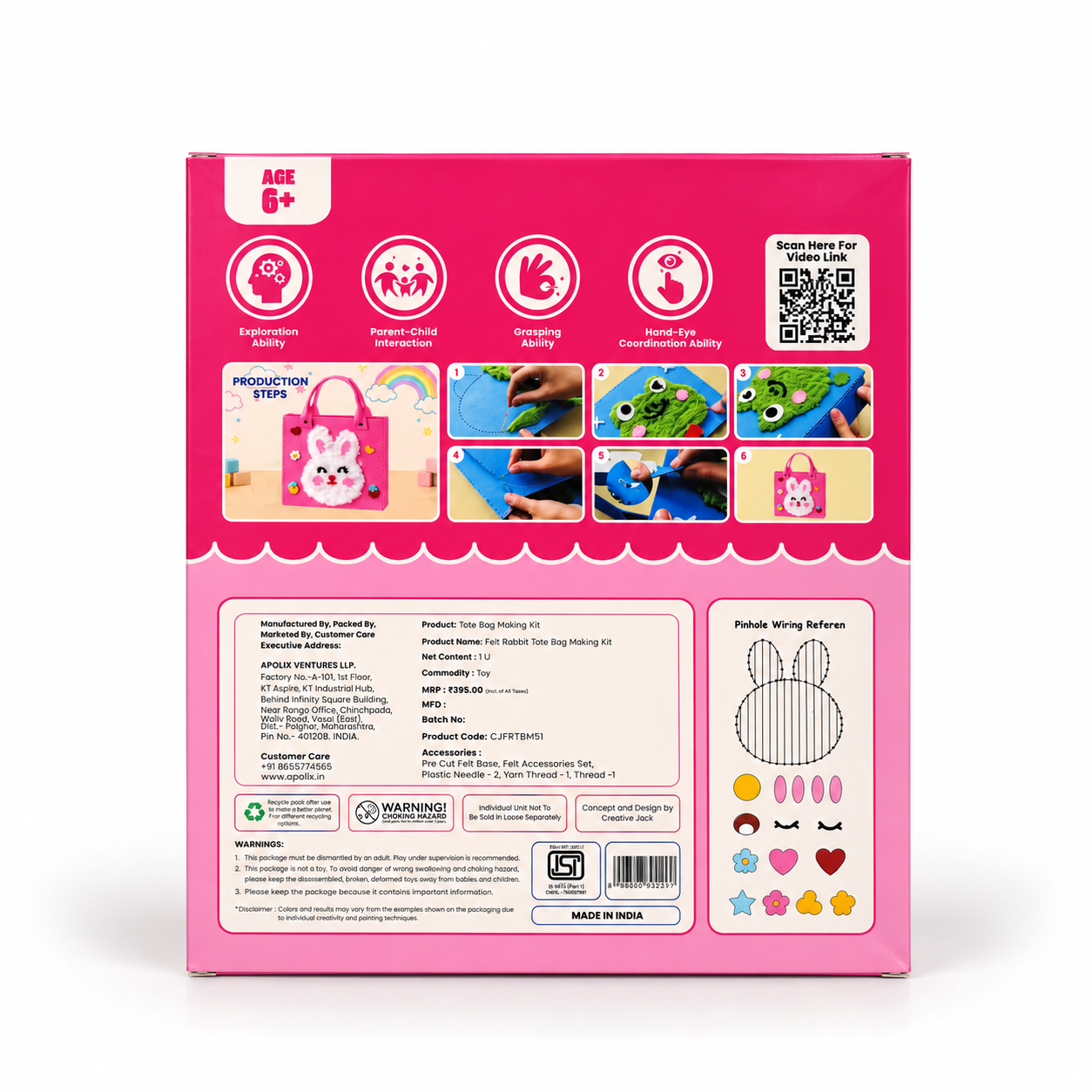 DIY Felt Tote Bag Making Kit for Kids - rabbit tote bag making kit back