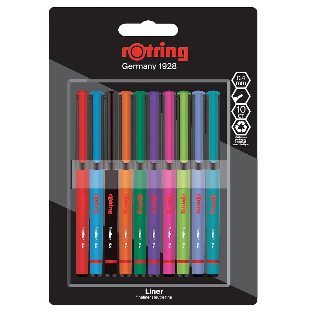 Rotring | Liner Fineliner Pens | Assorted Colours | Pack of 10 Pieces | 0.4mm Rotring