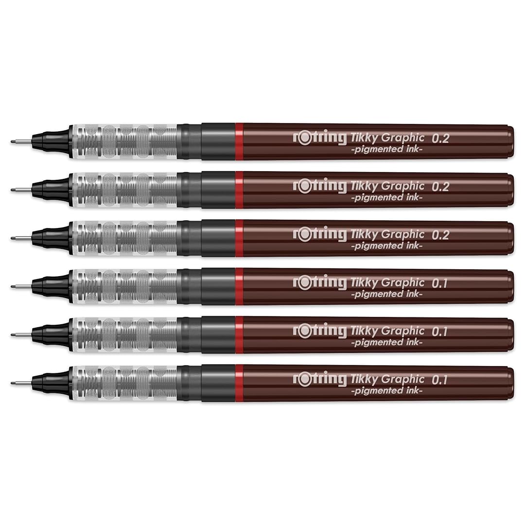 Rotring | Tikky | Graphic Fineliner | Black Pigment Lightfast | 0.1, 0.2 | 6 Pen Set | 3 Each Rotring