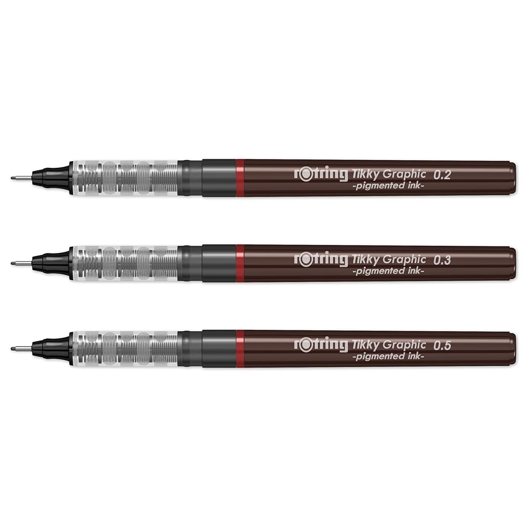 Rotring | Tikky | Graphic Fineliner | Black Pigment Lightfast | 0.2mm 0.3mm 0.5mm | 3 Pen Set Rotring