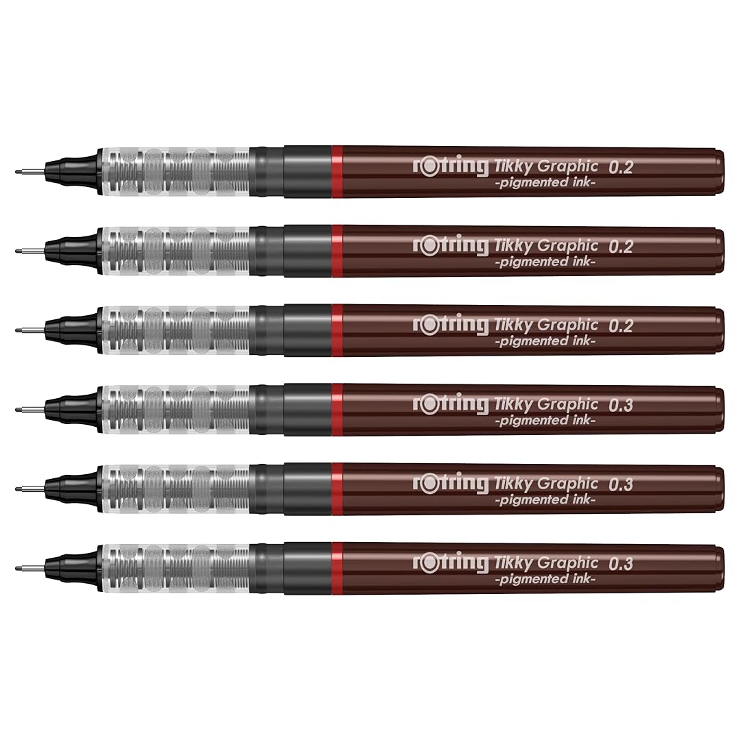 Rotring | Tikky | Graphic Fineliner | Black Pigment Lightfast | 0.2mm 0.3mm | 6 Pen Set | 3 Each Rotring