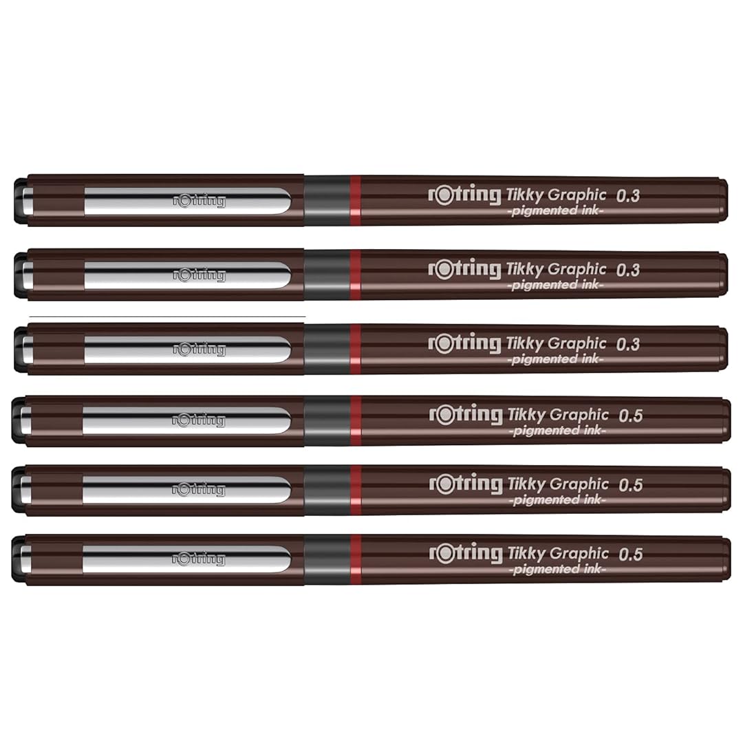 Rotring | Tikky | Graphic Fineliner | Black Pigment Lightfast | 0.3mm, 0.5mm | 6 Pen Set | 3 Each Rotring