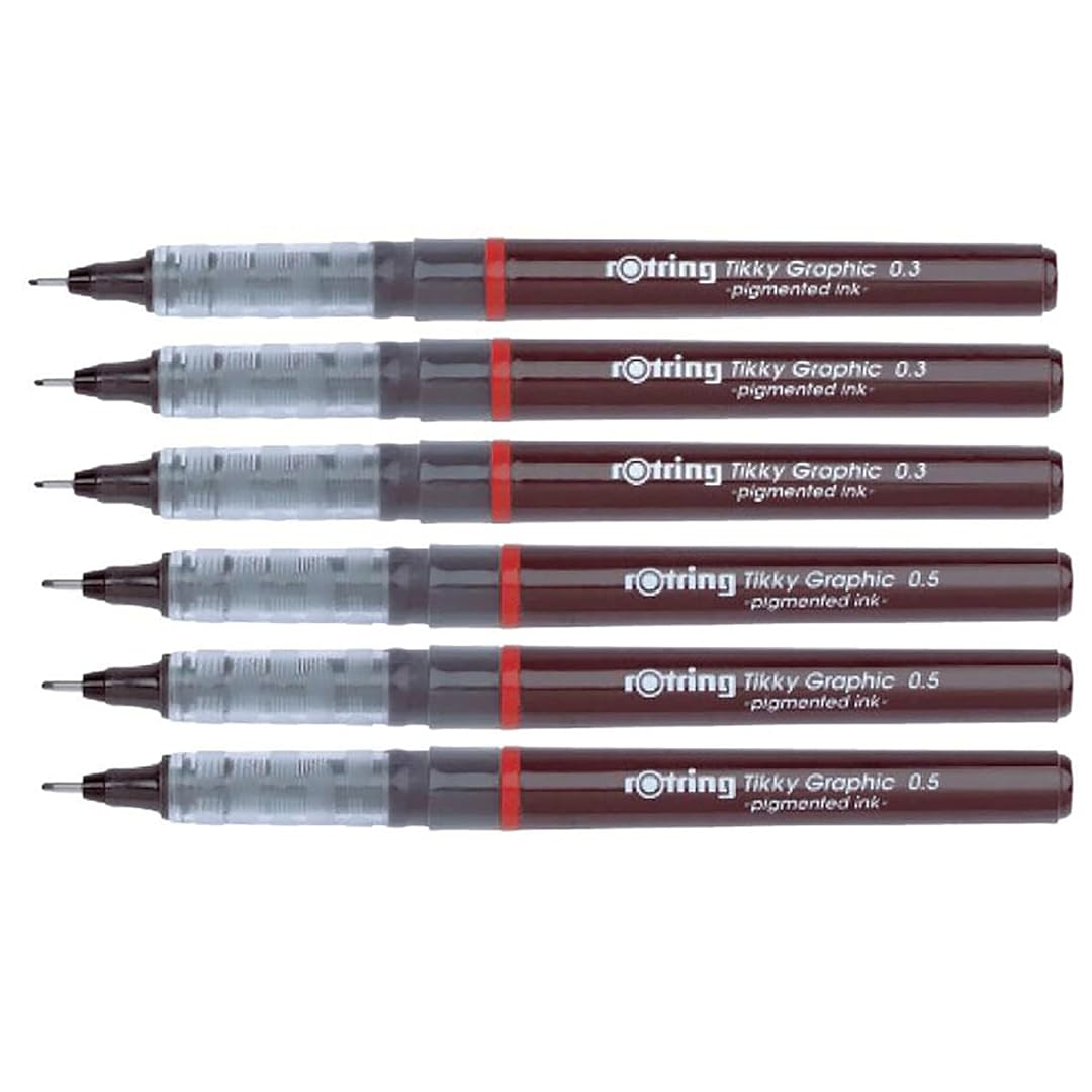 Rotring | Tikky | Graphic Fineliner | Black Pigment Lightfast | 0.3mm, 0.5mm | 6 Pen Set | 3 Each Rotring