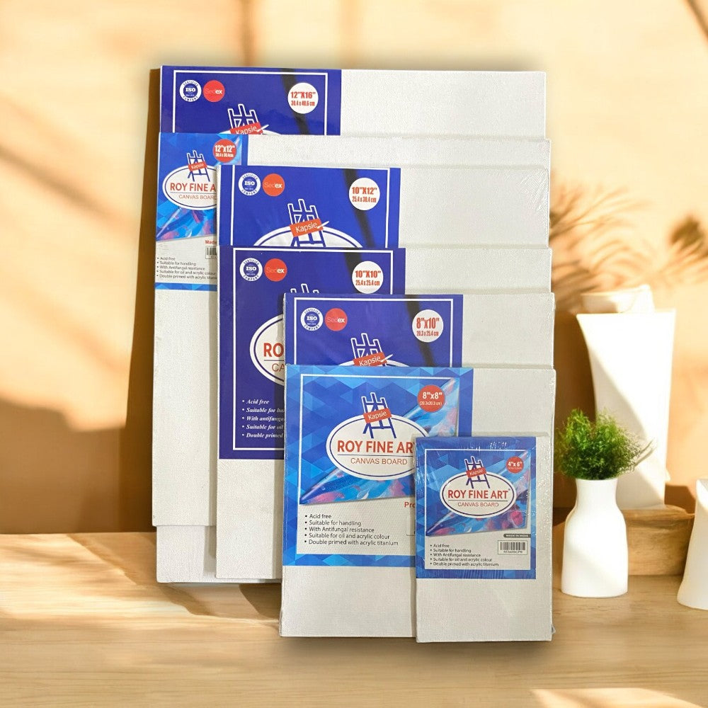 Stack of Roy white canvas boards in various sizes