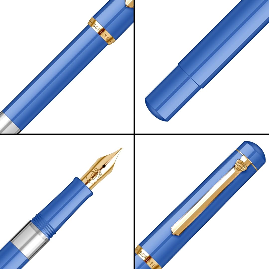 Scrikss | 419 Series | Piston Filler | Fountain Pen | 23K Gold Plated | Medium | Blue Acrylic Scrikss