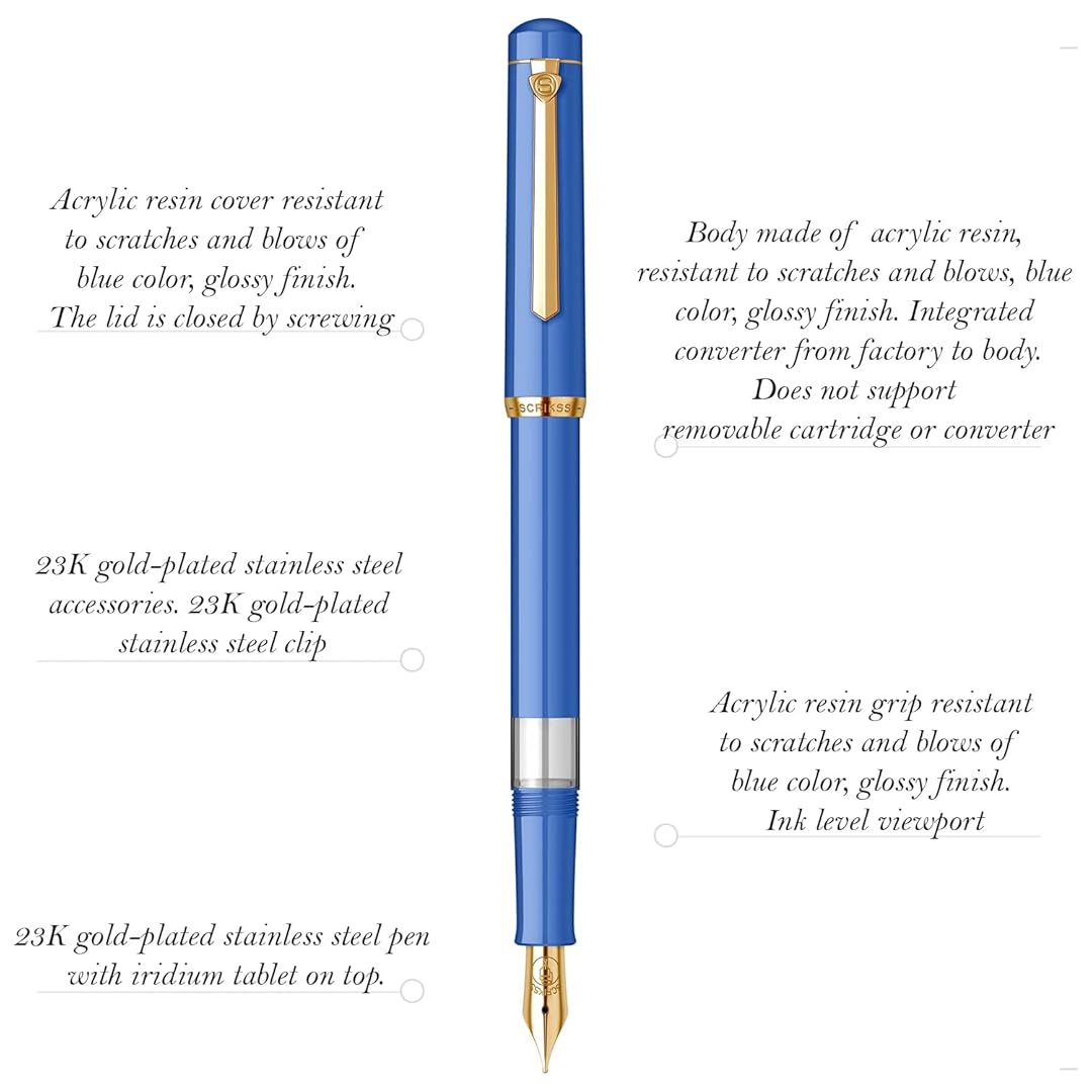 Scrikss | 419 Series | Piston Filler | Fountain Pen | 23K Gold Plated | Medium | Blue Acrylic Scrikss