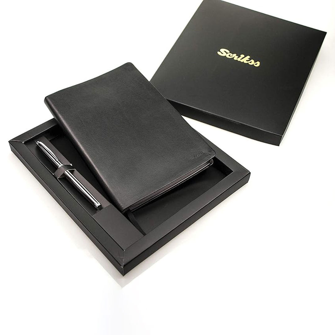 Scrikss | A5 Sundance Premium Notebook | 800 Rollerball Pen | Titanium Chrome | Gift Set | Black Scrikss