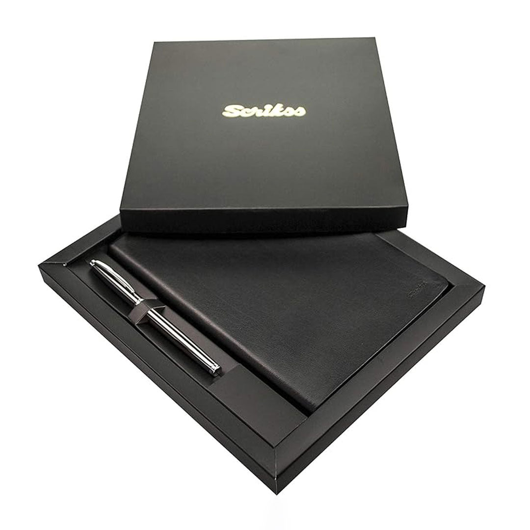 Scrikss | A5 Sundance Premium Notebook | 800 Rollerball Pen | Titanium Chrome | Gift Set | Black Scrikss