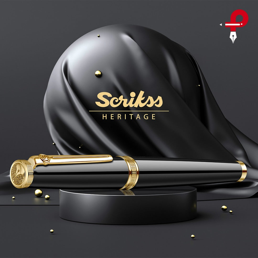 Scrikss | Heritage | Glossy Black | Roller Ball Pen | 23k Gold Plated | 1.0mm Point refill Scrikss