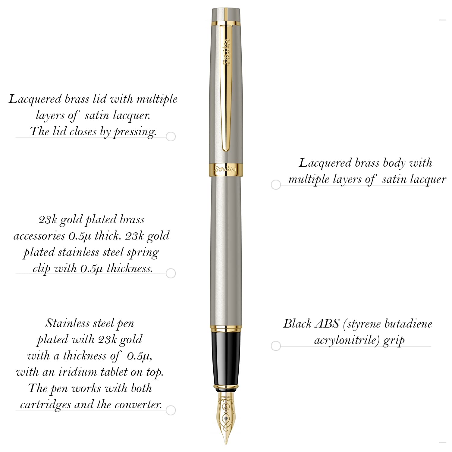 Scrikss | Honour 38 | Brass Body with Gold Plated | Fountain Pen | Grey Scrikss