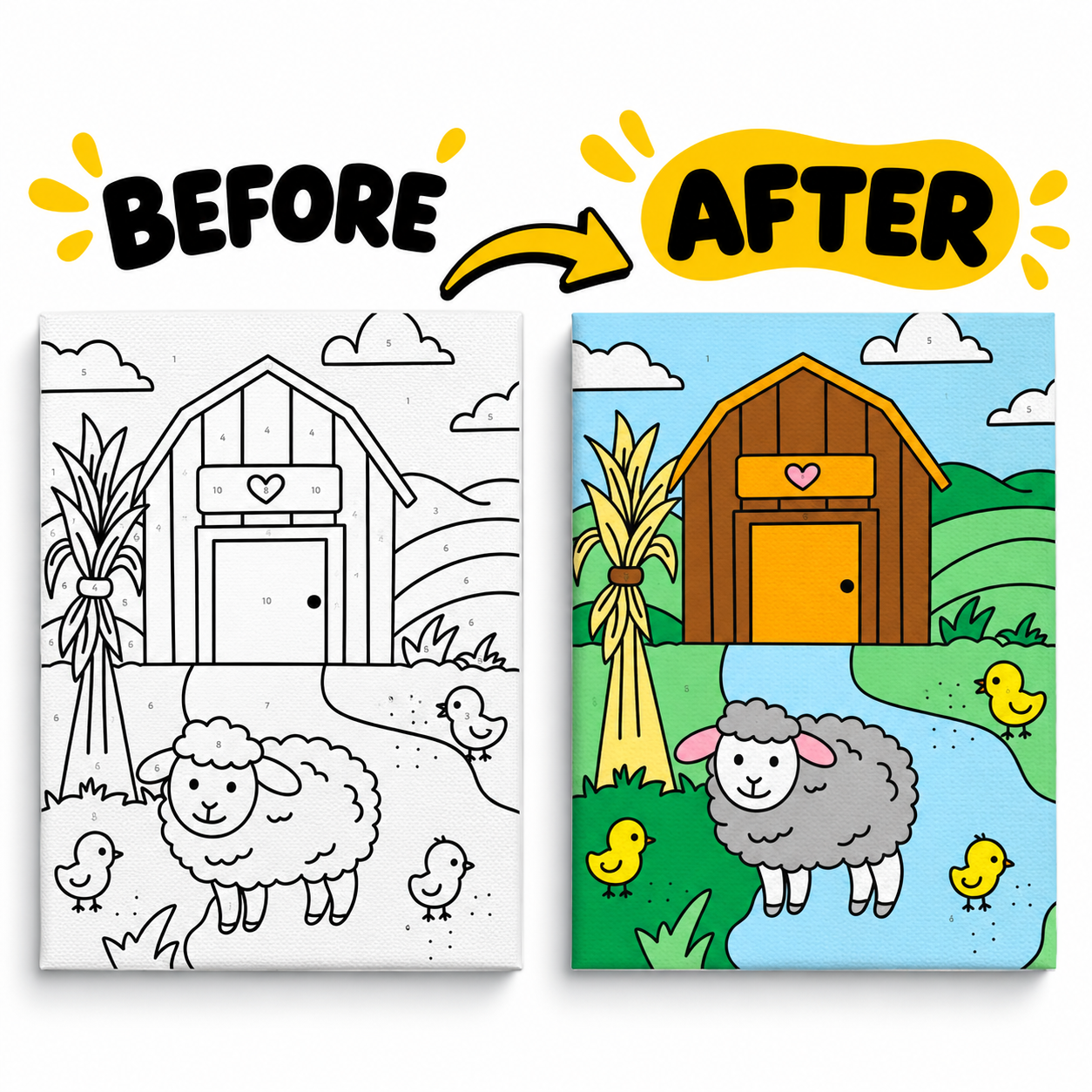 Paint by Numbers Canvas Kit for Kids 9x12 Inch - sheep kit 9x12 before after