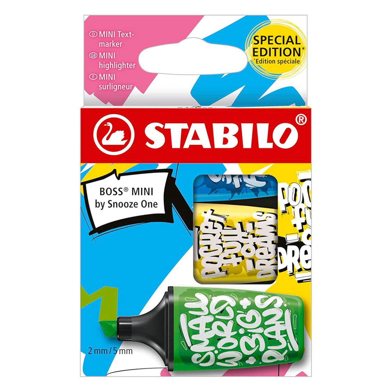 Stabilo | Boss | Mini Snooze One | Highlighter Pen | Pack of 3 | Blue, Yellow, Green Stabilo
