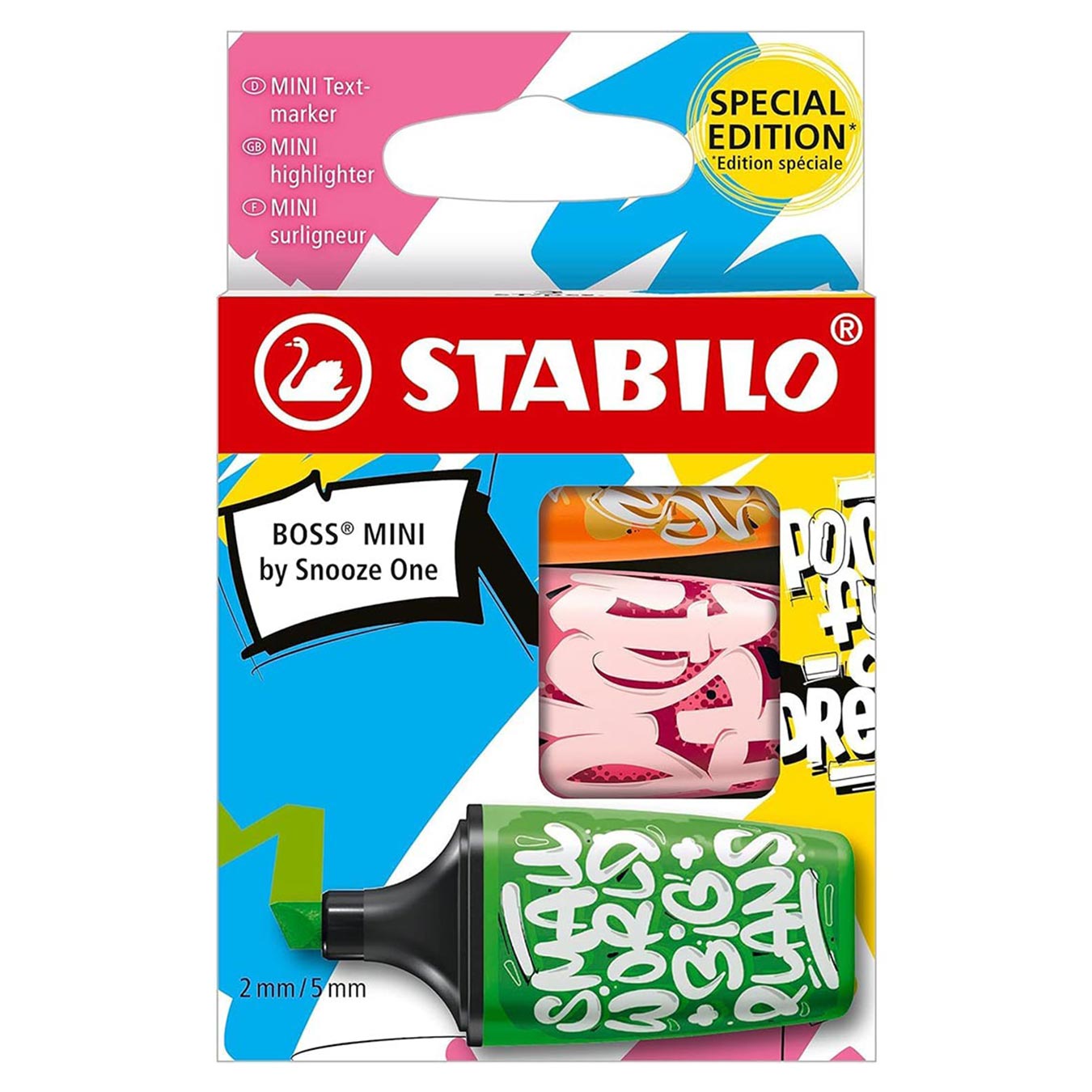 Stabilo | Boss | Mini Snooze One | Highlighter Pen | Pack of 3 | Orange, Pink, Green Stabilo