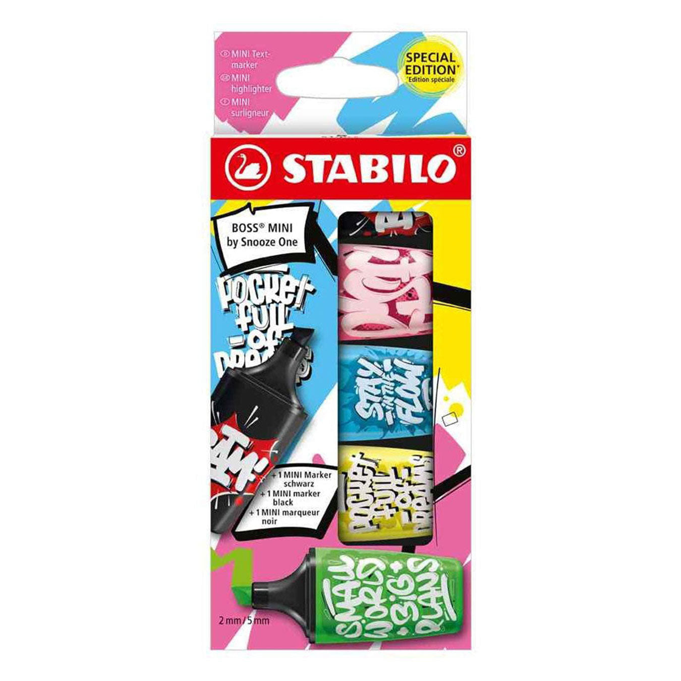 Stabilo | Boss | Mini Snooze One | Highlighter Pen | Pack of 5 | Pink, Blue, Yellow, Green, Black Stabilo