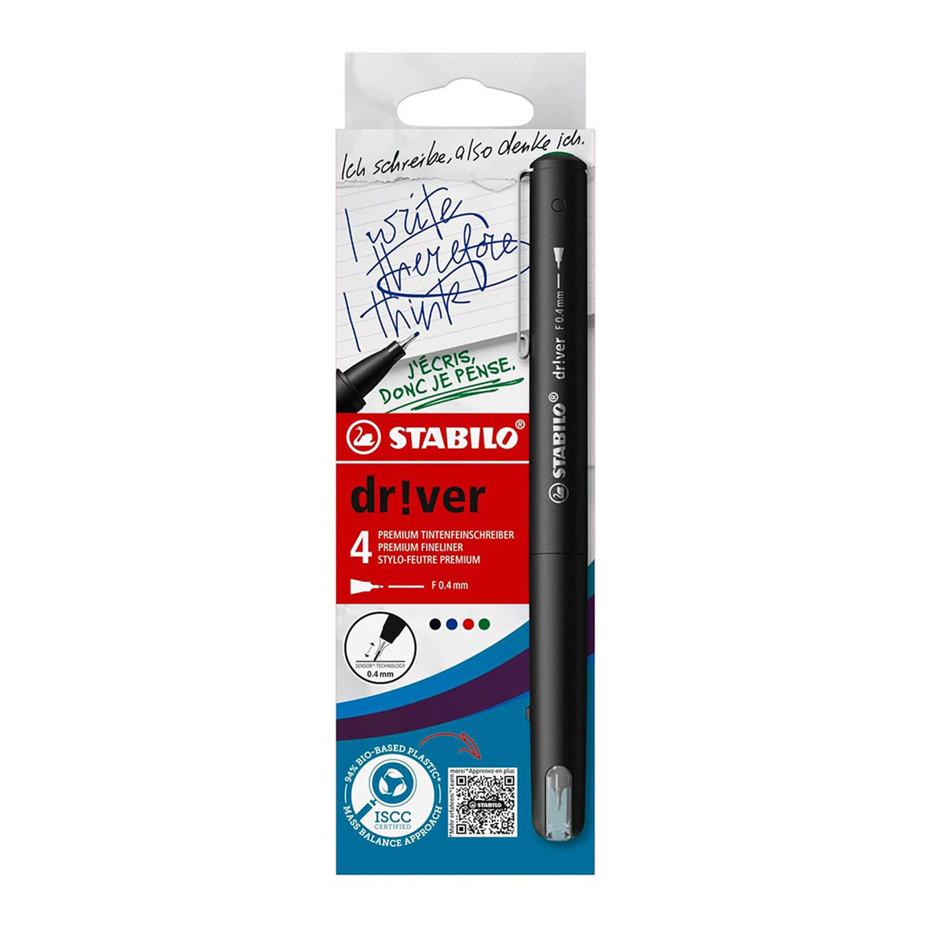 Stabilo | dr!ver Series | Premium Fineliner & Felt Tip | Pack of 4 | 0.4 MM | Black, Blue, Green, Red Stabilo