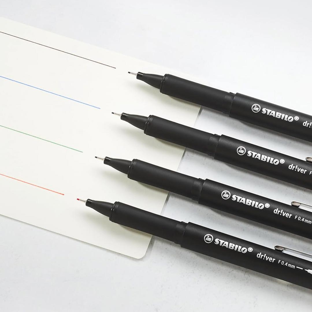 Stabilo | dr!ver Series | Premium Fineliner & Felt Tip | Pack of 4 | 0.4 MM | Black, Blue, Green, Red Stabilo
