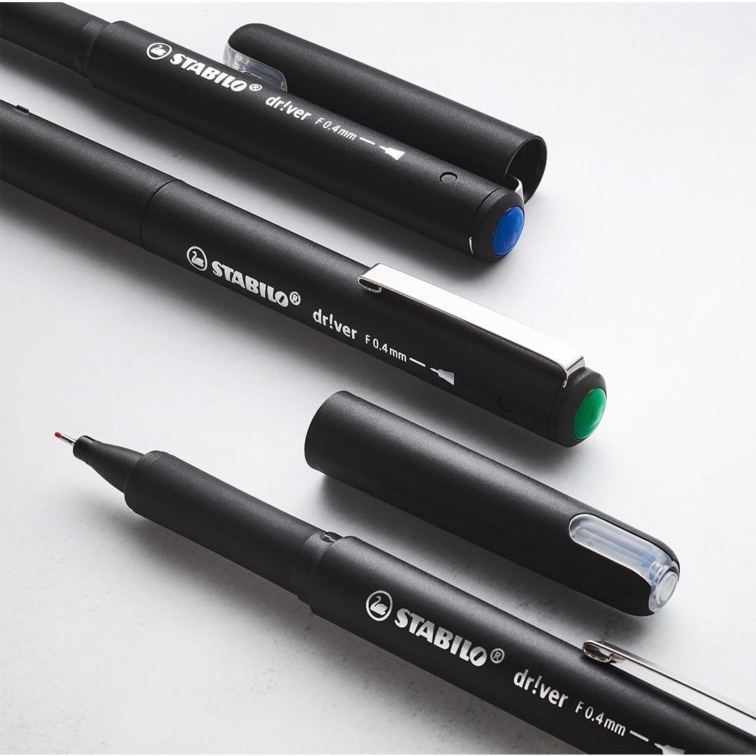 Stabilo | dr!ver Series | Premium Fineliner & Felt Tip | Pack of 4 | 0.4 MM | Black, Blue, Green, Red Stabilo