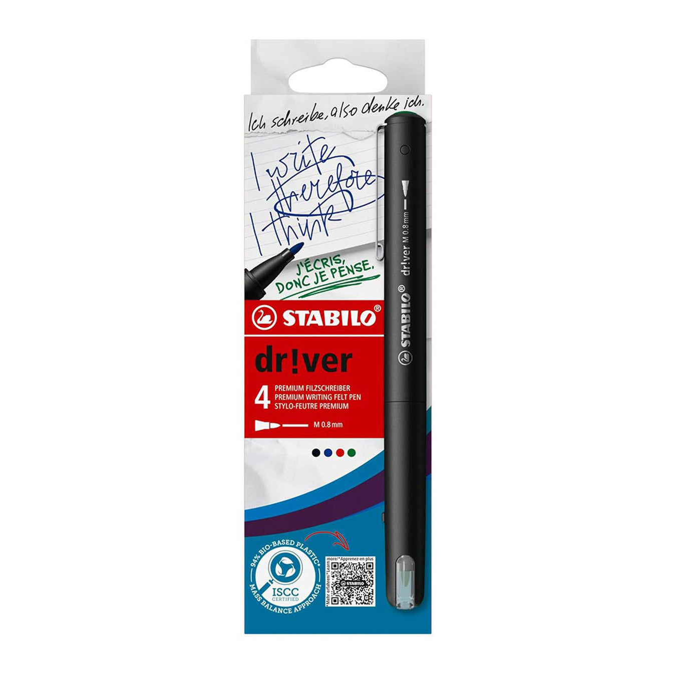 Stabilo | dr!ver Series | Premium Fineliner & Felt Tip | Pack of 4 | 0.8 MM | Black, Blue, Green, Red Stabilo