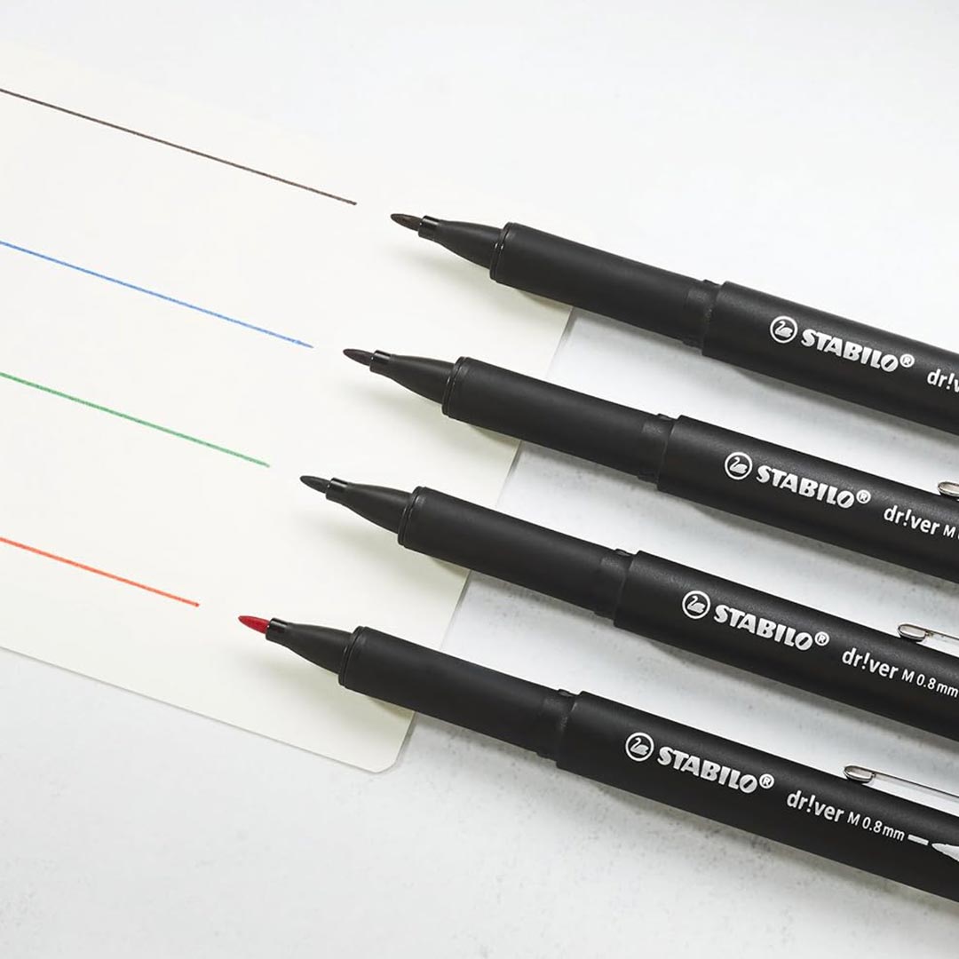 Stabilo | dr!ver Series | Premium Fineliner & Felt Tip | Pack of 4 | 0.8 MM | Black, Blue, Green, Red Stabilo