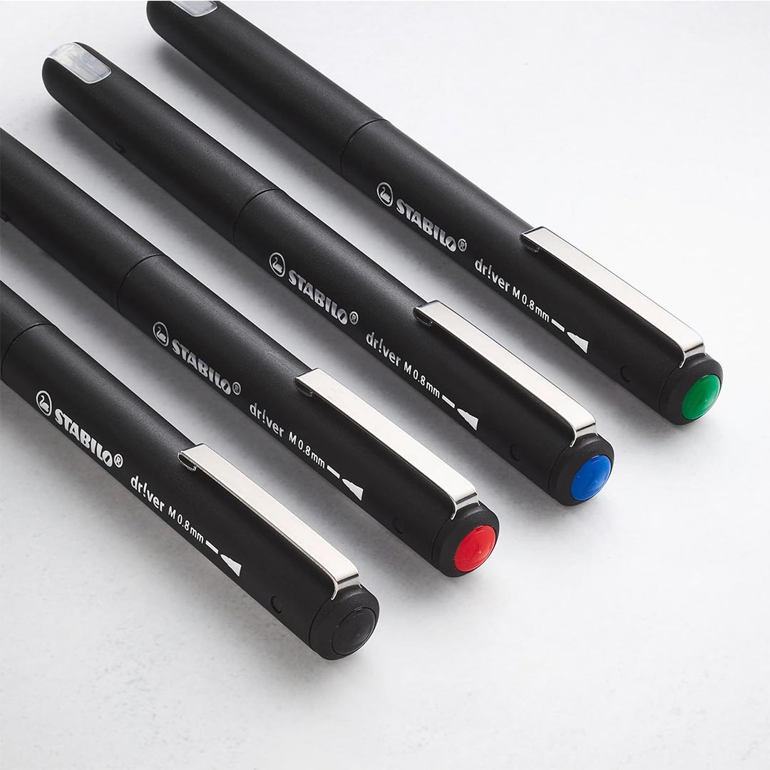 Stabilo | dr!ver Series | Premium Fineliner & Felt Tip | Pack of 4 | 0.8 MM | Black, Blue, Green, Red Stabilo