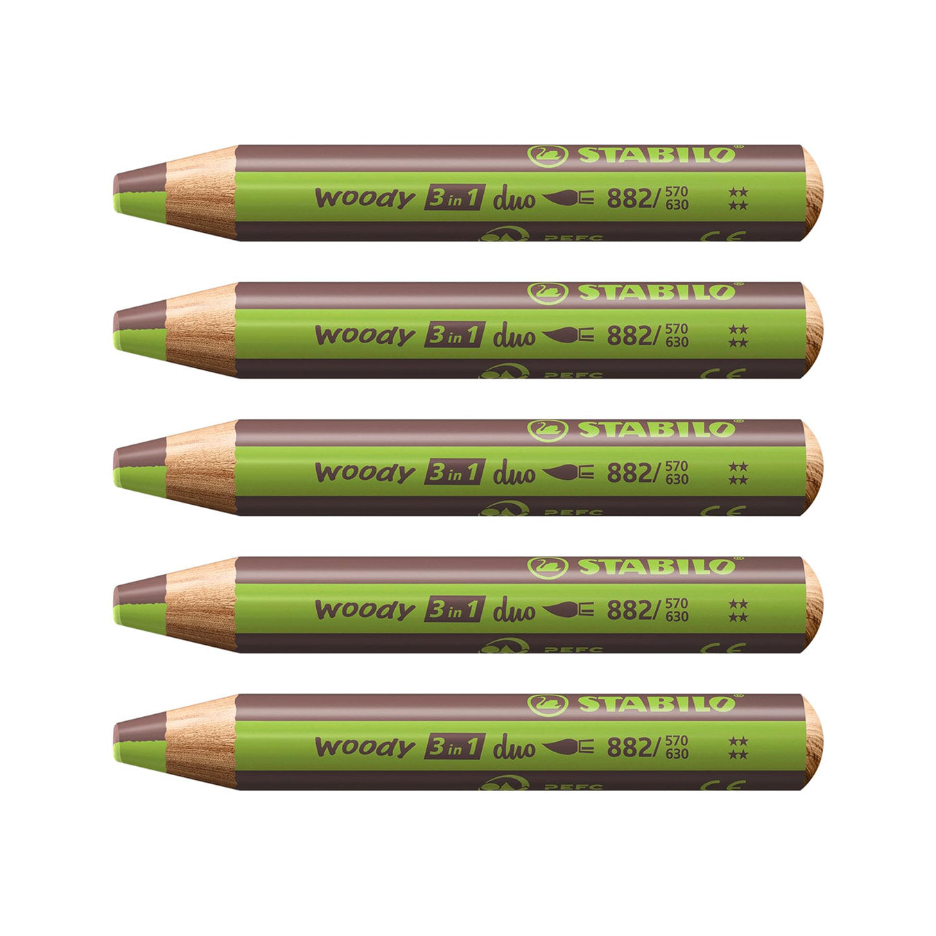 Stabilo | Multi-Talented Pencil | Woody 3 In 1 Duo | Light Green/Brown | Pack of 5 Stabilo