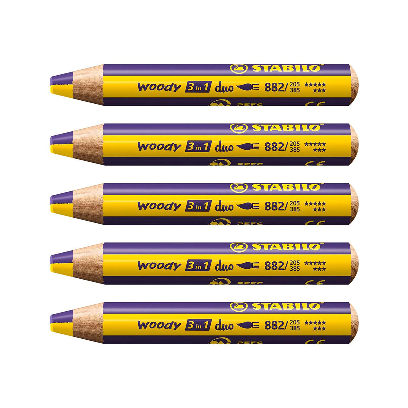 Stabilo | Multi-Talented Pencil | Woody 3 In 1 Duo | Yellow/Violet | Pack of 5 Stabilo