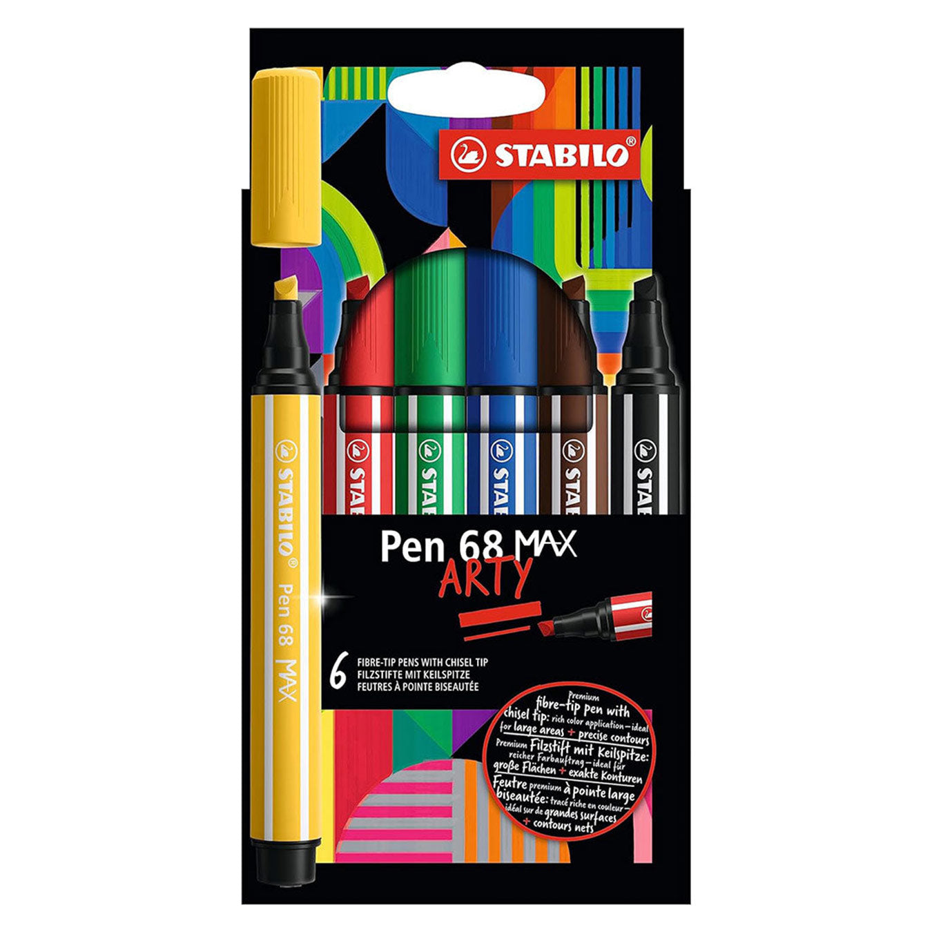 Stabilo | Pen 68 Max Arty | Premium Fibre-tip Pen | With Chisel Tip | Pack Of 6 | Assorted Colours Stabilo