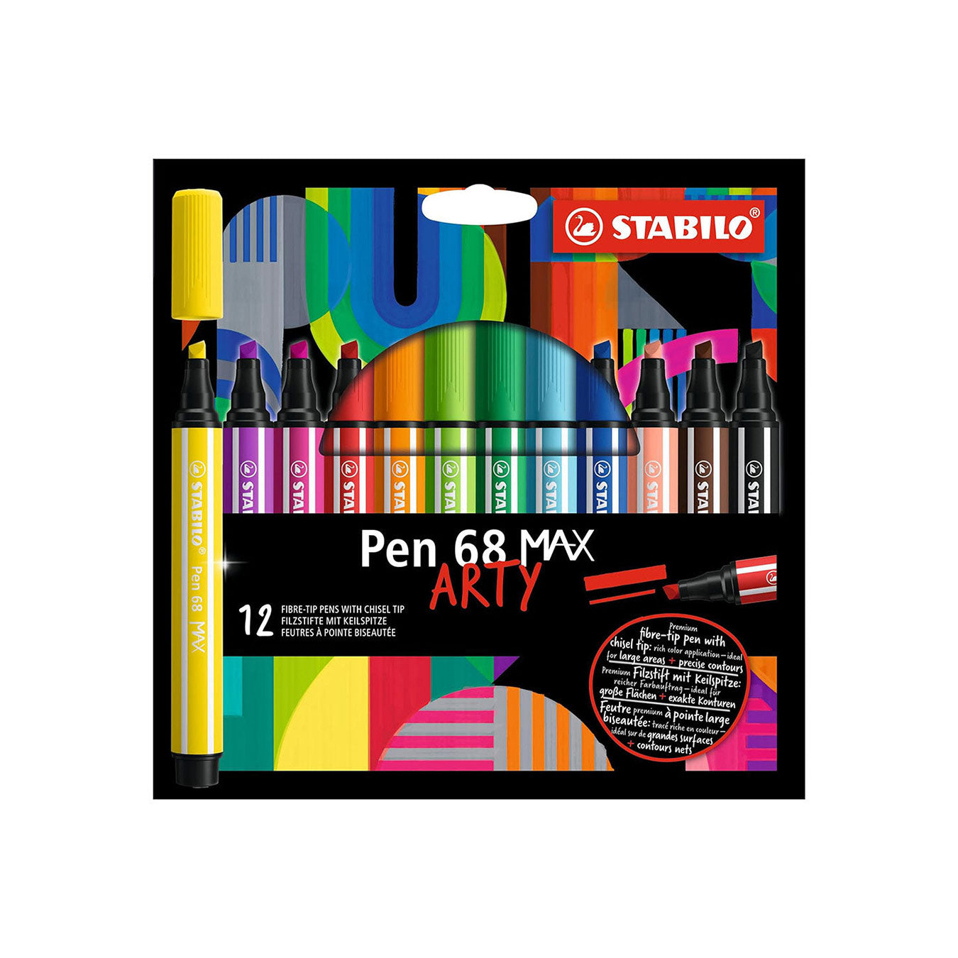 STABILO Pen 68 MAX Arty Felt Tip Pen with Chisel Tip – Pack of 12 Stabilo