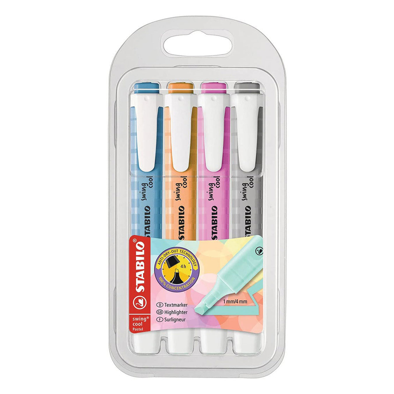 Stabilo | Swing Cool | Pastel | Blue,Orange,Pink,Grey | Pack Of 4Pcs | Highlighter Pen Stabilo
