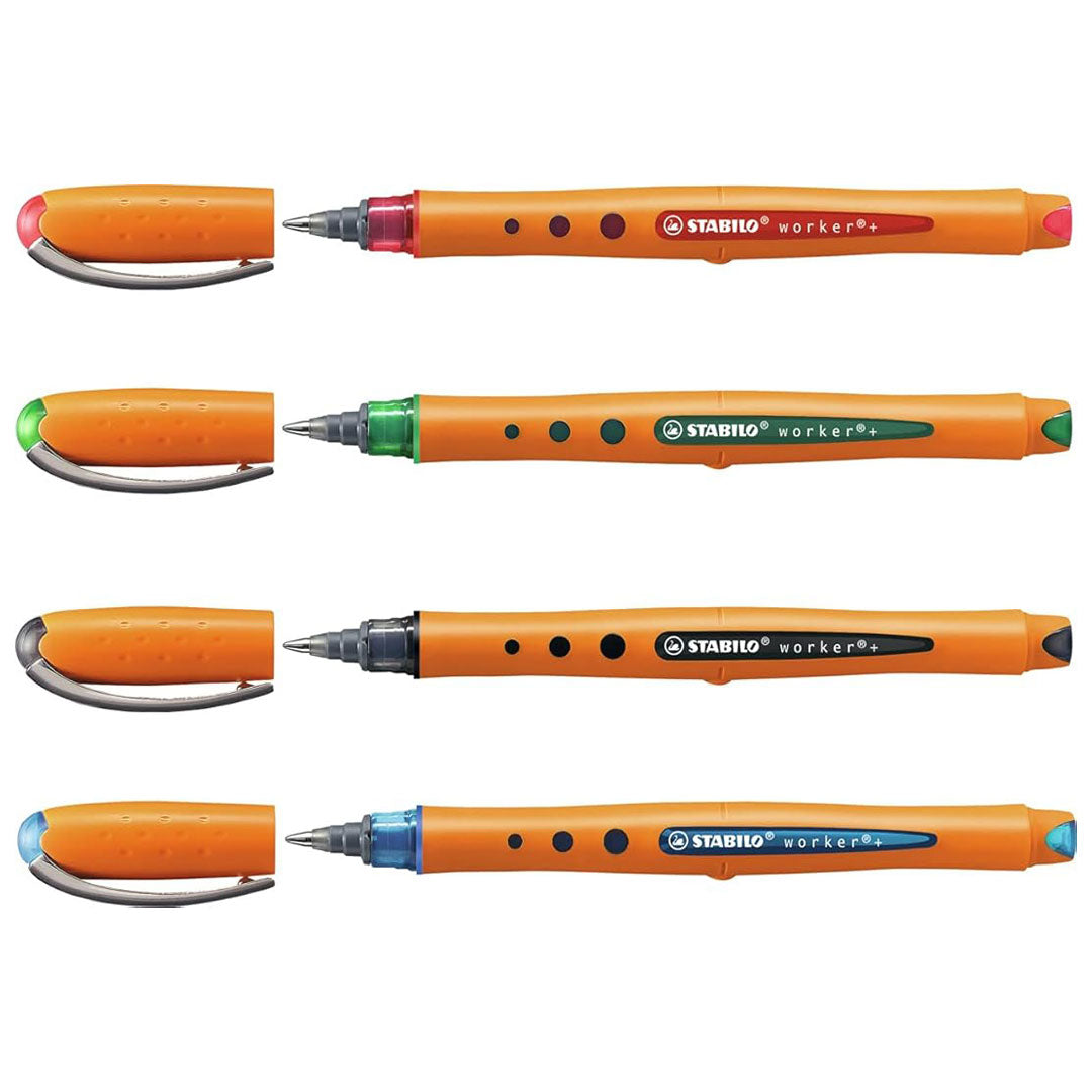 Stabilo | Worker+ | Roller Ball | Medium | Wallet of 4 | Assorted Colours Stabilo