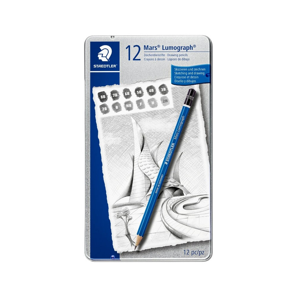 Staedtler Mars Lumograph Pencil Tin Set of 12B - Blue variant, includes 8B, 7B, 6B, 5B, 4B, 3B, 2B, B, HB, F, H, 2H.