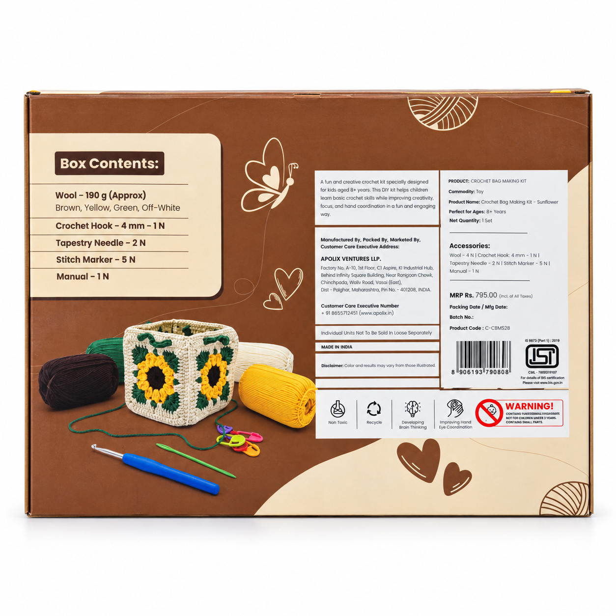 Sunflower Crochet Bag Making Kit | Starter Kit Age 8+ - sunflower crochet making kit back