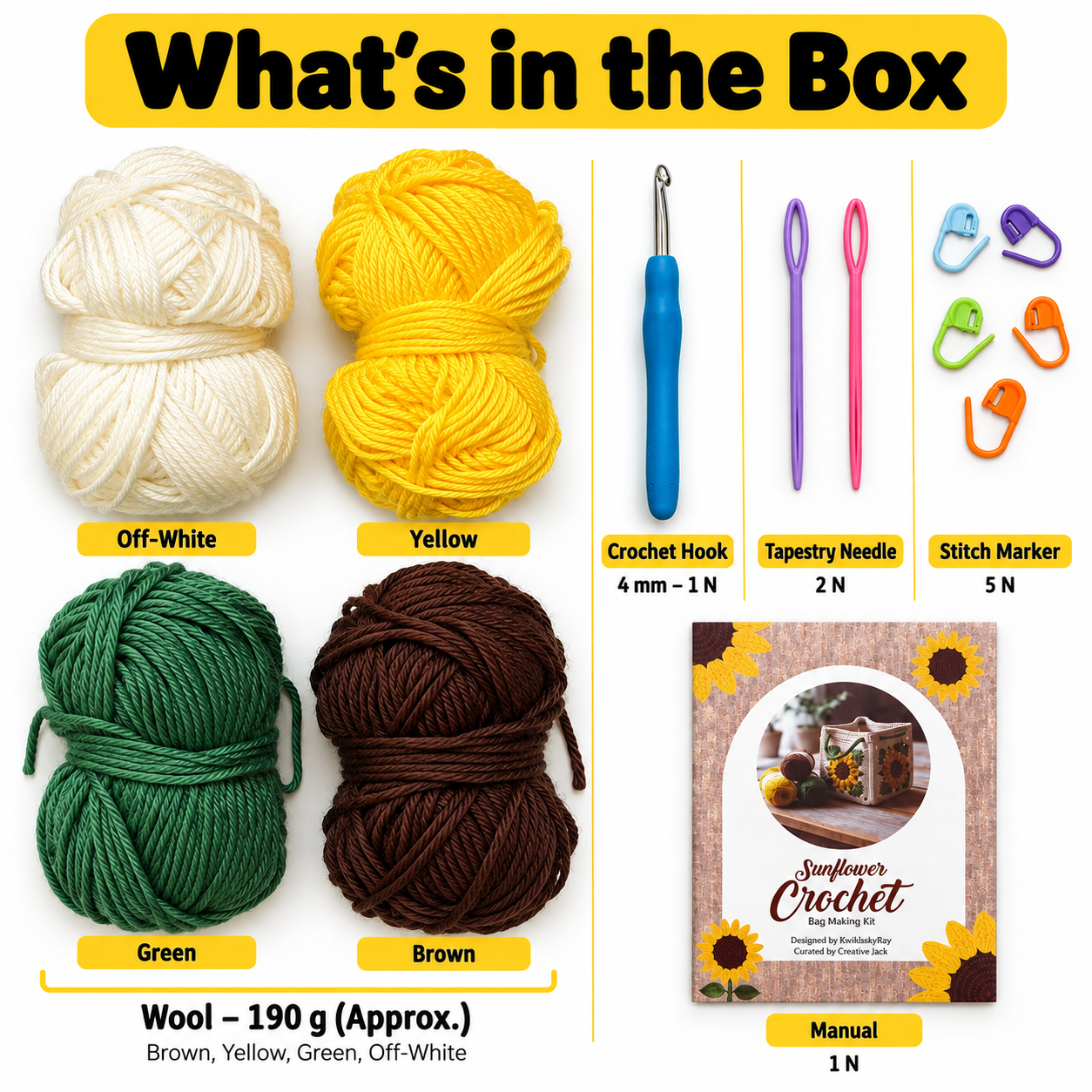 Sunflower Crochet Bag Making Kit | Starter Kit Age 8+ - sunflower crochet making kit content