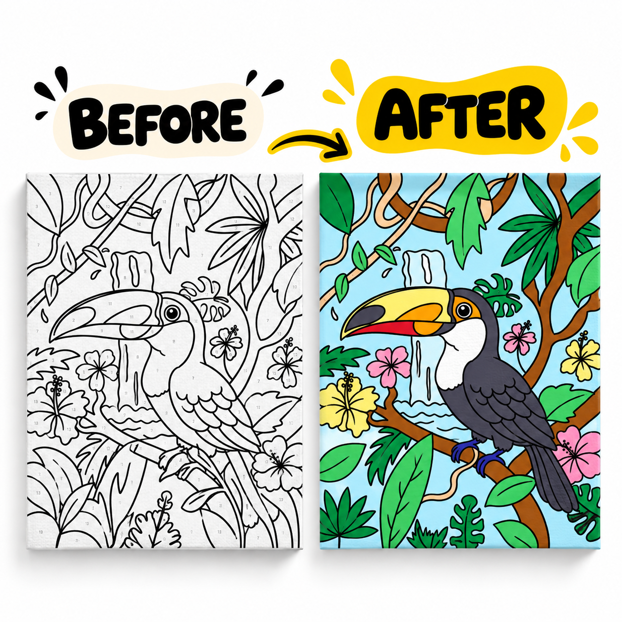 Paint by Numbers Canvas Kit for Kids 9x12 Inch - toucan kit 9x12 before after