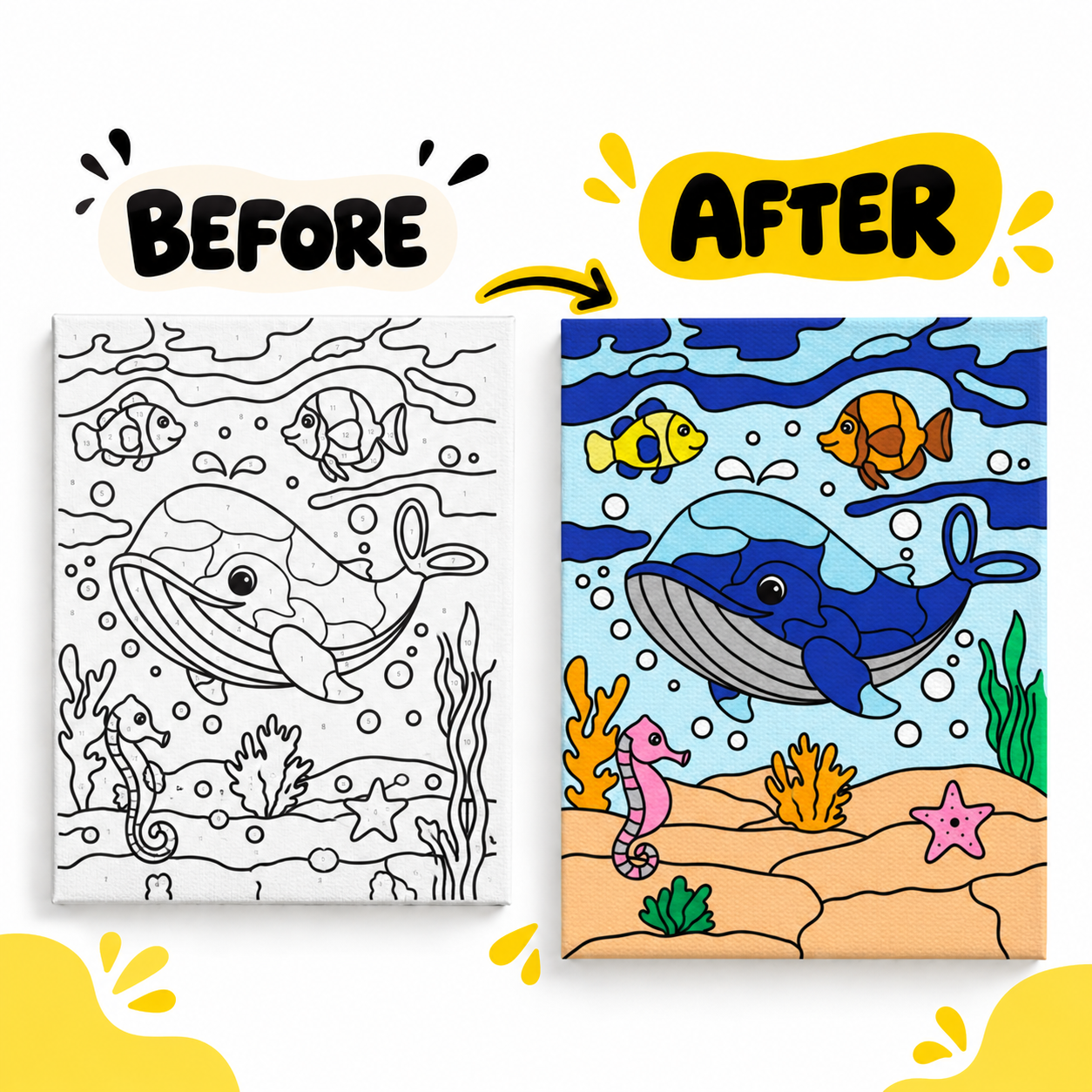 Paint by Numbers Canvas Kit for Kids 9x12 Inch - whale kit 9x12 before after