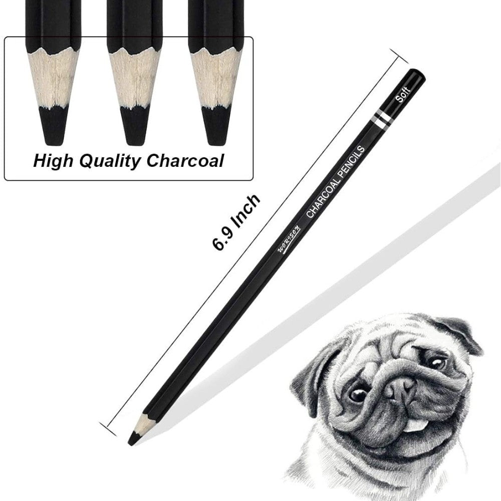 Worison Artist Charcoal Pencils Set of 3 - Soft, Medium, Hard + Sharpener Worison