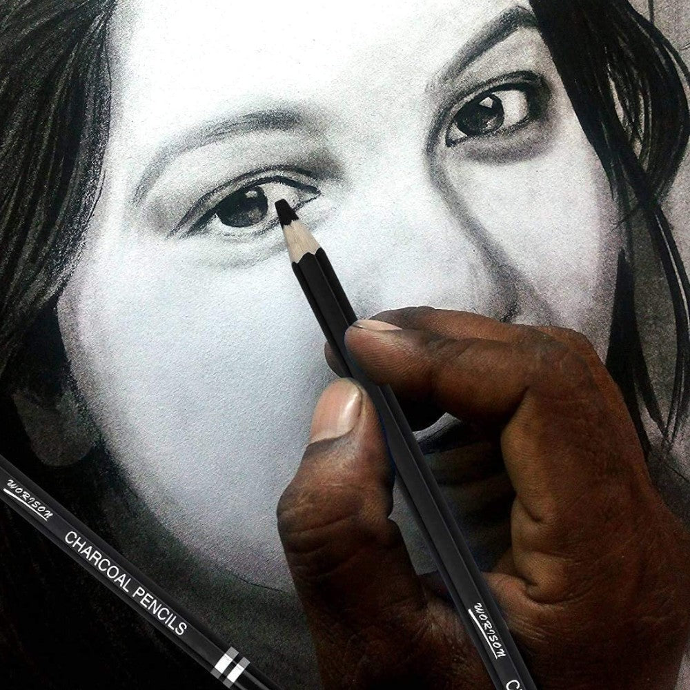 Worison Artist Charcoal Pencils Set of 3 - Soft, Medium, Hard + Sharpener Worison